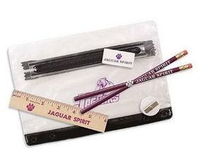 Custom Clear Translucent Pouch School Kit (2 Pencils/ 6" Ruler/ Eraser/ Sharpener)