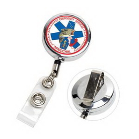 Custom "Dublin Chrome LZ" Laser Engraved Solid Metal Retractable Badge Reel & Badge Holder, 1 1/4" Diameter