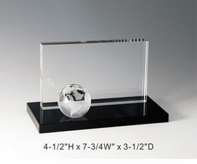 Custom Globe Panel Crystal Award Trophy., 4.5" L x 7.75" W x 3.5" H