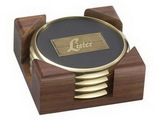 Custom 4 Round Solid Brass Coasters with Solid Walnut Wood Holder