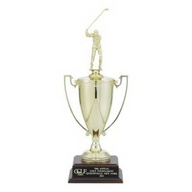 Custom Trophy w/5 3/4" Gold Metal Cup & Figure on Wood Base (13 1/2")