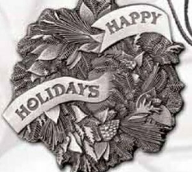 Custom Full Size Stock Design Happy Holidays Pewter Ornament (Wreath), 2.25" Diameter