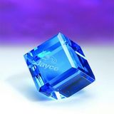 Custom Awards- Corner cut blue optical crystal cube award/trophy.2-3/8 inch high, 2 3/8