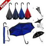 Custom Inverted / Reversed Double Layer Auto Open Straight Umbrella with Curved Leather Handle, 30.5