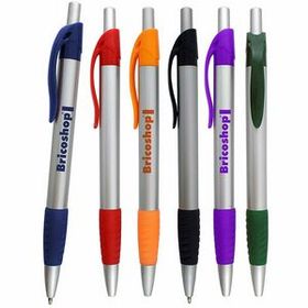Custom Preston Ballpoint Pen W/ Silver Barrel & Colored Grip & Clip