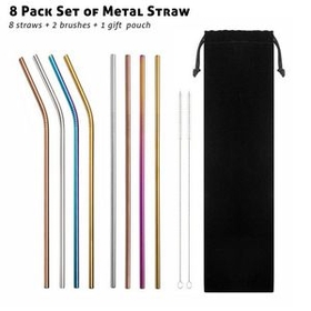 Custom 8 Pack Metal Straws Set with Brush, 8.5 Inch Length, 0.25 Inch Diameter, 215*6 MM, 0.25" Diameter x 10.5" H