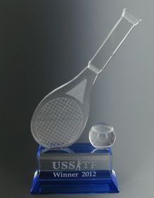 Custom Crystal Tennis Racquet & Ball Trophy on Blue Base, 4 1/4" W x 10" H