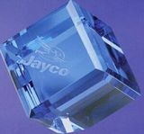 Custom Optical Crystal Blue Standing Cube Paperweight (2