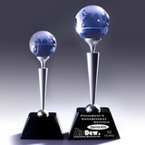 Custom Optical Crystal Blue Globe Award on Black Crystal Base, 4 1/2