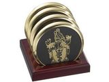 Custom 4 Round Solid Brass Coasters with Solid Cherry Wood Stand Up Holder