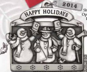 Custom Full Size Stock Design Happy Holidays Pewter Ornament (Three Snowmen), 2.25" Diameter