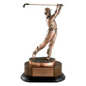 Custom 11 1/2" Electroplated Male Bronze Golf Trophy w/Wood Base