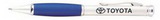 Custom Twist Action, metal ball point pen, blue rubberized grip., 5 1/2