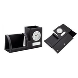 Custom Foldable PU Leather Pen Container & Phone Holder W/Clock, 8
