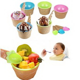 Custom Plastic Colorful Double Ice-cream Bowl& Spoon Set, 3 17/20" Diameter x 2 2/5" H