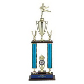 Custom Fuchsia Moonbeam Figure Topped Double Column Trophy w/2" Insert & Eagle Trim (26")