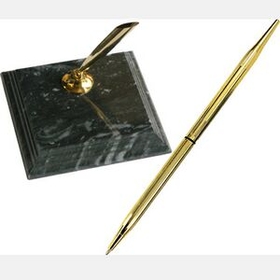 Custom Green Marble Single Pen Stand And Solid Green Marble Base ( Screen Printe, 3 7/8" L X 3 7/8" W X 3.8" D