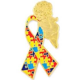 Blank Autism Puzzle With Angel Lapel Pin, 1" H