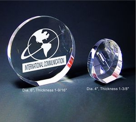 Custom Round Awards optical crystal award trophy., 4" L x 1.375" Diameter