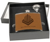 Custom 6 oz. Leather Steel Flask Set in Black Presentation Box, 3 5/8