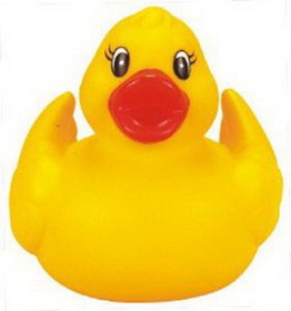 Custom Rubber Joyful Duck, 3 3/8" L x 3 1/8" W x 3 1/4" H