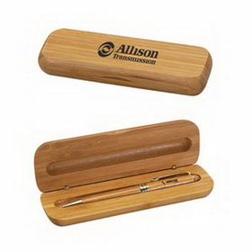 Custom Bamboo Case w/Pen Gift Set, Pen Set, 6.75" L x 2" W