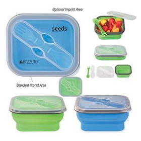 Custom Collapsible Food Container With Dual Utensil, 5 3/4" W x 5" H x 2 3/4" D