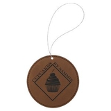 Custom Dark Brown Laserable Leatherette Round Ornament with Silver String, 3 3/4