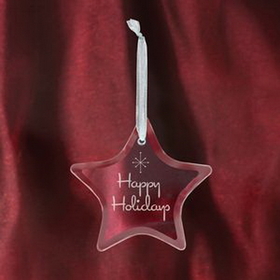Custom Star Shape Glass Ornament features a white sheer ribbon hanger and a fabric lined gift box, 3 1/2" L x 3" W x 1/4" H