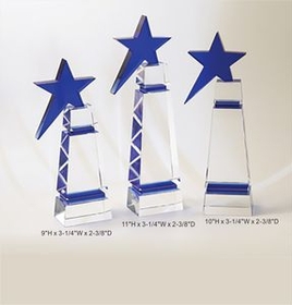 Custom Blue Star tower Optical Crystal Award Trophy., 9" L x 3.25" W x 2.375" H