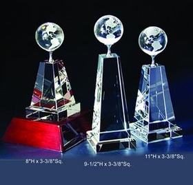 Custom Globe Tower Optical Crystal Award Trophy., 11" L x 3.375" Diameter