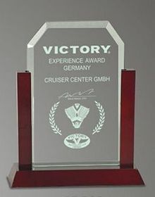 Custom 9" Premier Glass Clipped Corner Award with Mahogany Base