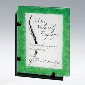 Custom Green Border Rectangle Recycled Glass Award w/ Recycled Iron Base, 7" W x 10" H