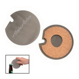 Custom Stainless Steel Coaster with Cork Base and Bottle Opener, 3 1/4" L x 3 1/4" W