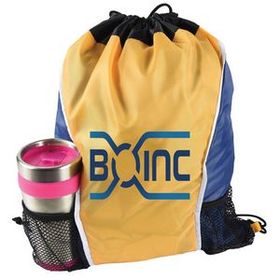 Custom Dual Color Drawstring Bag w/ Two Water Bottle Holder, 15" W x 18" H