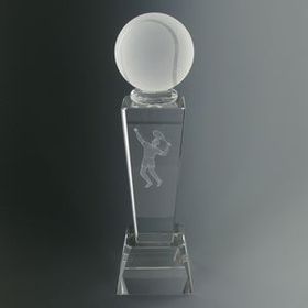 Custom Optical Crystal Male Tennis Trophy w/Ball, 8 3/4" L x 2 1/2" W