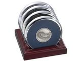 Custom 4 Round Solid Chrome Coasters with Solid Cherry Wood Stand Up Holder