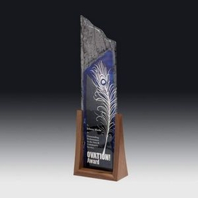 Custom Oceania Blue Art Glass Award & American Walnut Stand, 22" H x 5 1/2" W