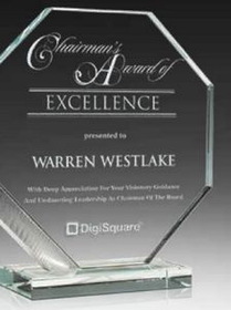 Custom Octennial Starphire Glass Award, 6" W x 6 1/2" H x 2" D