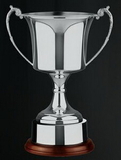 Custom Swatkins British Made Nickel Plated Cup Award w/ Round Wood Base (11.25