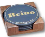 Custom Round Leather Rubber Back Coaster Set of 4 w/ Cherry or Walnut Wood Stand