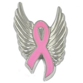 Blank Breast Cancer Ribbon With Wings Pin, 1 1/8" H X 3/4" W