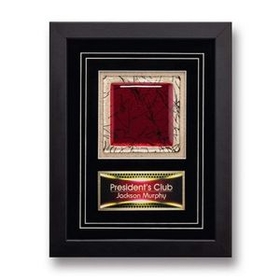 Custom Red Square Framed Art Glass Award w/ Ebony Wood Frame & Black Suede Matte, 10" W x 13" H x 1 1/4" D