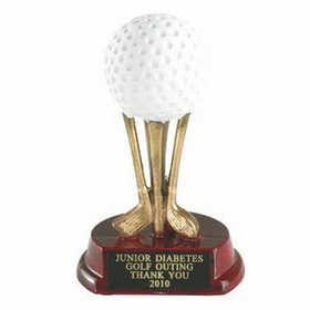 Custom 5" Golf Trophy w/Golf Ball atop Golf Club Pedestal & Wood Base