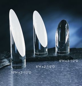 Custom Slant Cylinder Tower optical crystal award trophy., 6" L x 2.5" Diameter
