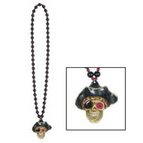 Custom Beads Necklace w/ Flashing Pirate Skull Medallion, 36