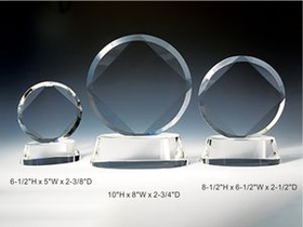 Custom Circle Award optical crystal award trophy., 8.5" L x 6.5" W x 2.5" H