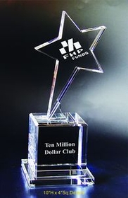 Custom Flying Star Optical Crystal Award Trophy., 10" L x 4" Diameter