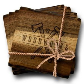 Custom 4 Piece Acacia Wood Coaster Set, 4" W x 4" H x 1 3/4" D