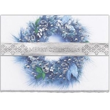 Custom Blue & Silver Wreath Holiday Greeting Card, 7.875